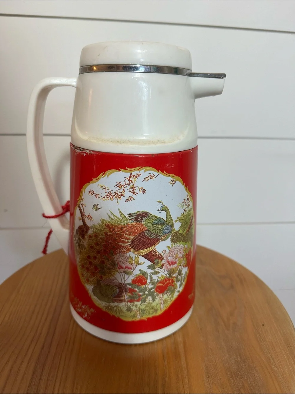 C7 Vintage White and Red Peacock Thermal Pitcher - Decorative Insulated Carafe